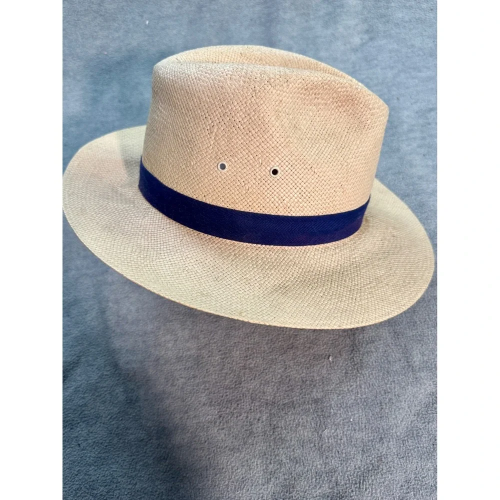 Dobbs Fifth Avenue Straw Fedora Hat Tan Navy Blue Band Mens‎ Vintage Style